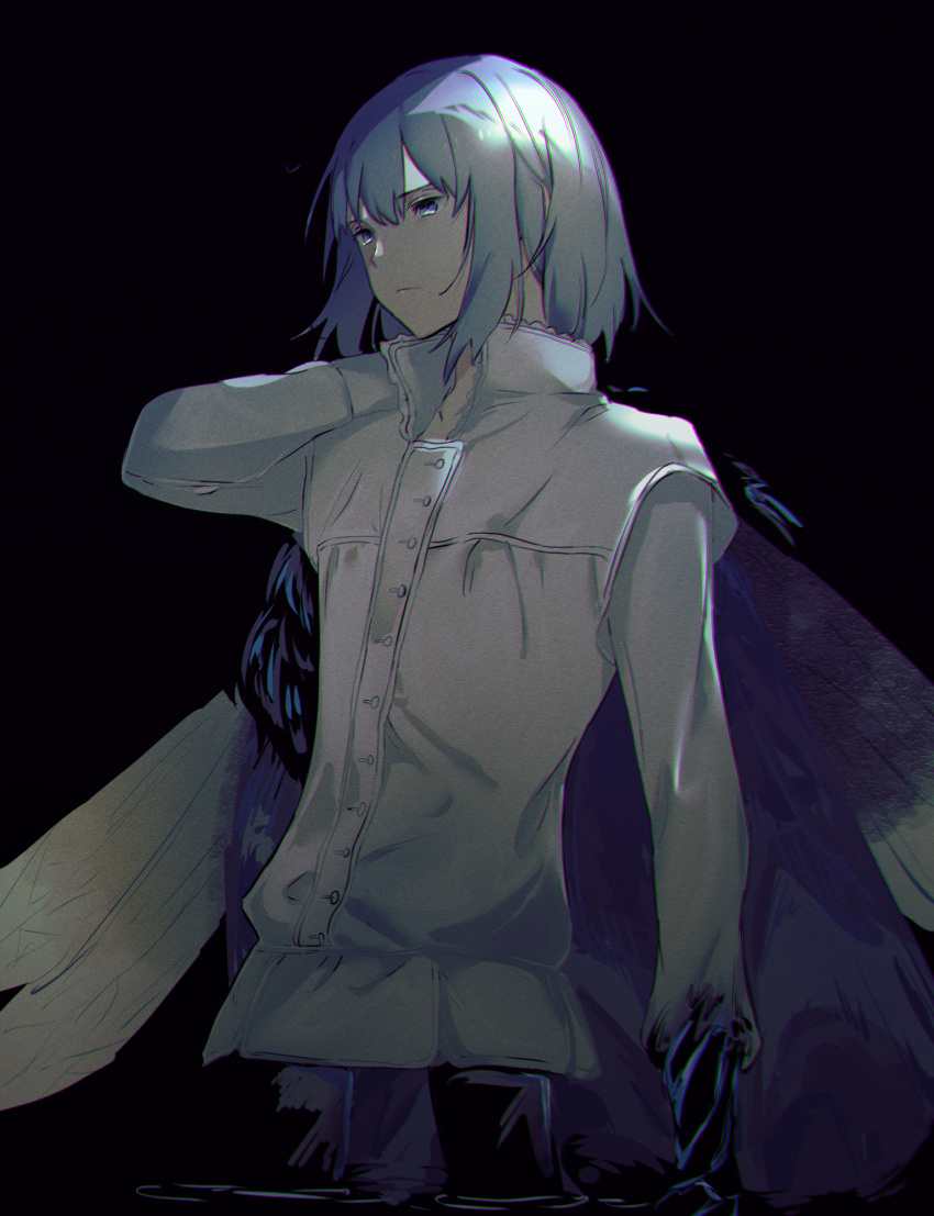 1boy arm_behind_head black_background black_pants blue_eyes buttons chromatic_aberration closed_mouth dragonfly_wings dress_shirt eiki_(eikityou_55) fate/grand_order fate_(series) frilled_shirt_collar frills frown fur_trim grey_hair hair_between_eyes highres long_sleeves looking_ahead male_focus oberon_(fate) oberon_(third_ascension)_(fate) pants shirt short_hair solo white_shirt