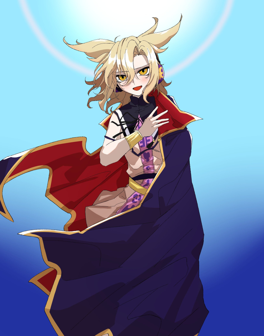 1girl blonde_hair blue_background bow bracer cape casimia collared_cape collared_shirt commentary_request cowboy_shot day gold_bracer gradient_background hair_between_eyes hair_ears hand_on_own_chest highres korean_commentary light_blush looking_at_viewer open_mouth outdoors purple_cape purple_headphones red_cape shirt short_hair sleeveless sleeveless_shirt smile solo sun touhou toyosatomimi_no_miko two-sided_cape two-sided_fabric white_shirt yellow_bow yellow_eyes