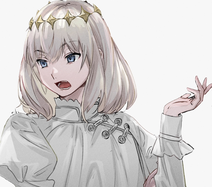 1boy diamond_hairband eiki_(eikityou_55) eyelashes fate/grand_order fate_(series) grey_eyes hair_between_eyes highres juliet_sleeves long_sleeves male_focus oberon_(fate) open_mouth puffy_sleeves robe short_hair simple_background solo teeth upper_body white_background white_hair white_robe