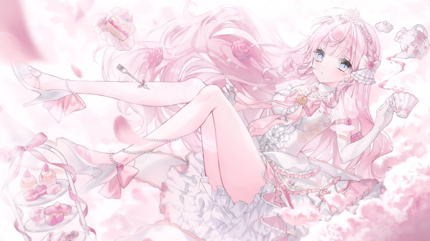 1girl blue_eyes bow cake cup dress earrings elbow_gloves flower food fork gloves hair_bow highres himeno_ainu holding holding_cup indie_virtual_youtuber jewelry long_hair noah_(0noah) pink_flower pink_hair pink_rose rose solo strawberry_shortcake teacup teapot white_bow white_dress white_footwear white_gloves