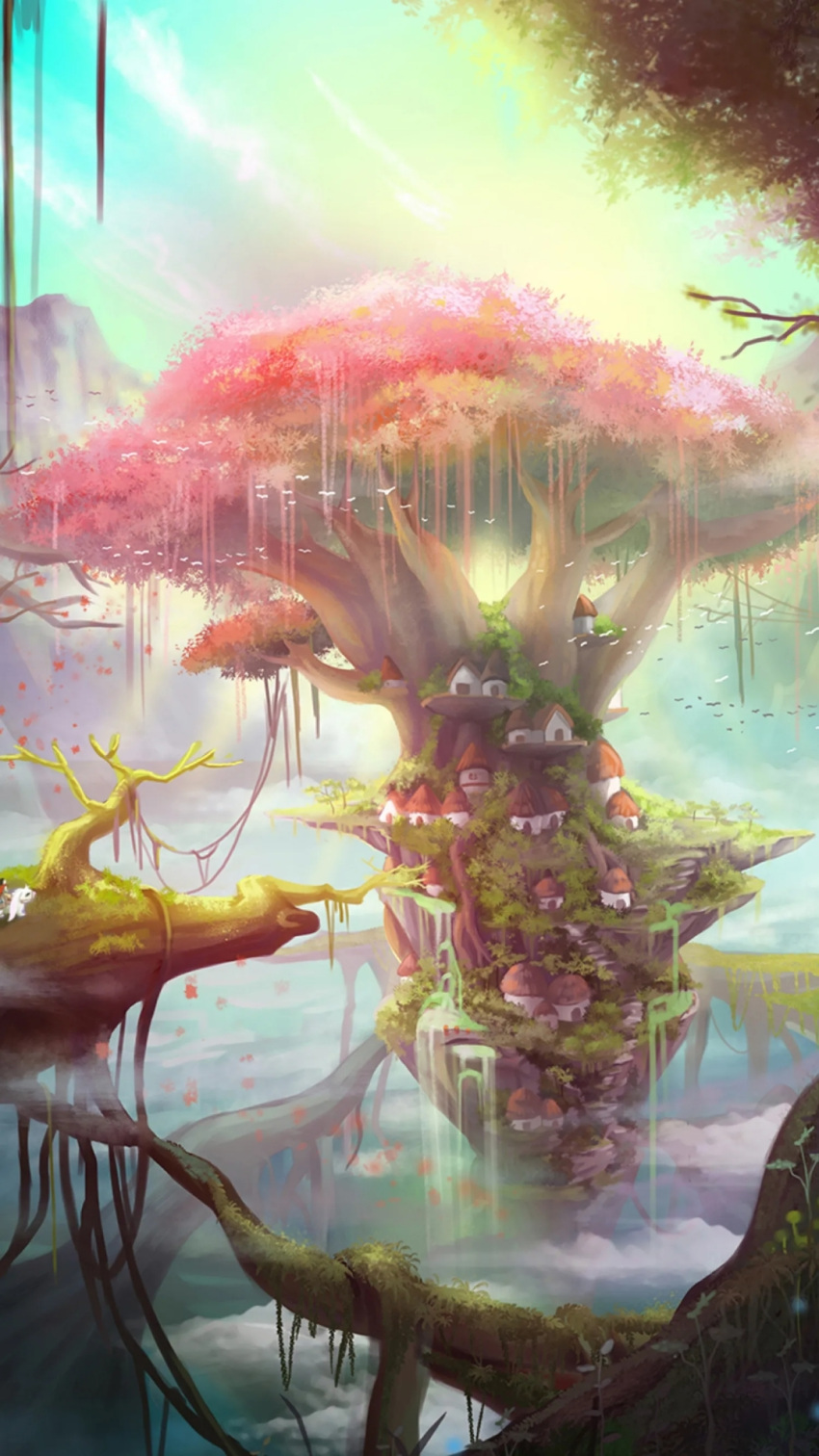 artist_request bird blue_sky branch cherry_blossoms clouds day floating_island highres house landscape leaf moss no_humans non-web_source ocean original outdoors petals plant sky source_request sun third-party_source tree vines water waterfall