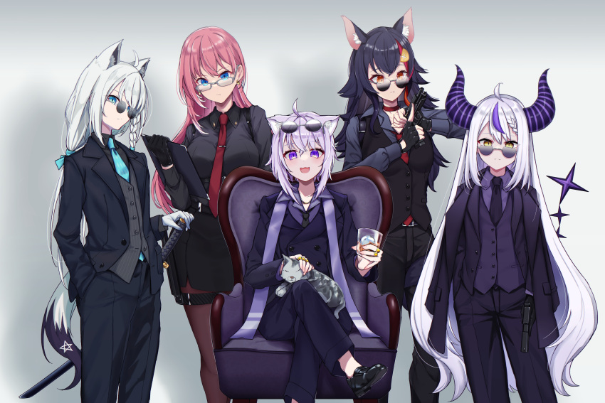 5girls :3 absurdres ahoge animal_ear_fluff animal_ears animal_on_lap belt black_belt black_gloves black_hair black_jacket black_necktie black_pants black_shirt black_skirt black_vest blue_eyes blue_necktie blue_ribbon braid breasts brown_pantyhose buttons cat cat_ears cat_girl cat_on_lap choker closed_mouth collared_shirt commentary crossed_legs cup demon_girl demon_horns dorobo_kensetsu double-parted_bangs earrings eyewear_on_head fingerless_gloves flat_chest fox_ears fox_girl fox_tail glasses gloves grey_background grey_hair grey_shirt gun hair_ornament hair_ribbon hand_in_pocket hand_on_weapon handgun highres holding holding_cup holding_gun holding_weapon hololive holster horns jacket jacket_on_shoulders jewelry katana la+_darknesss lapels large_breasts long_hair looking_at_object looking_at_viewer low_ponytail medium_breasts medium_hair multicolored_hair multiple_girls necktie nekomata_okayu on_chair on_lap ookami_mio open_mouth pants pantyhose pencil_skirt petting pink_hair purple_hair purple_jacket purple_suit red_choker red_eyes red_necktie redhead ribbon round_eyewear serious shara_(syara_so_ju) sheath sheathed shirakami_fubuki shirt side_braid single_braid sitting skirt skirt_suit slit_pupils standing straight-on streaked_hair striped_horns suit sunglasses sword tail takane_lui thigh_holster very_long_hair vest violet_eyes waistcoat weapon white_gloves wolf_ears wolf_girl