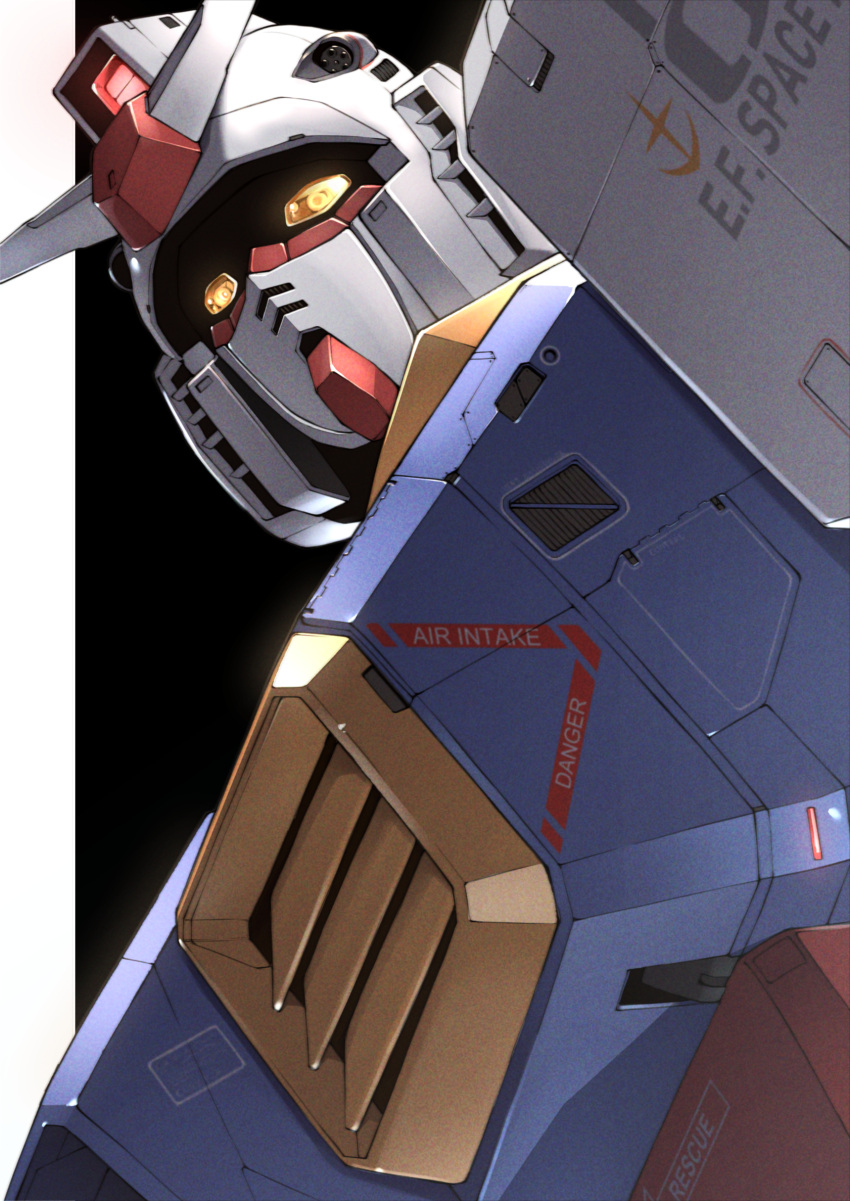 black_background commentary dutch_angle earth_federation english_text gundam highres looking_ahead mecha mobile_suit mobile_suit_gundam no_humans portrait robot rx-78-2 science_fiction solo takahashi_masaki two-tone_background v-fin white_background yellow_eyes