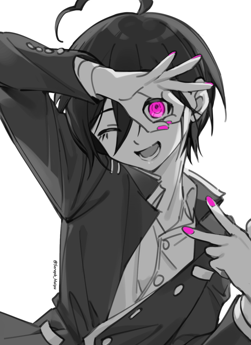 1boy :d ahoge artist_name buttons danganronpa_(series) danganronpa_v3:_killing_harmony dress_shirt ewa_(seraphhuiyu) hair_between_eyes hand_over_eye hand_up highres lower_teeth_only nail_polish ok_sign ok_sign_over_eye one_eye_closed partially_unbuttoned pink_nails saihara_shuichi shirt simple_background smile solo spot_color teeth tongue upper_body white_background