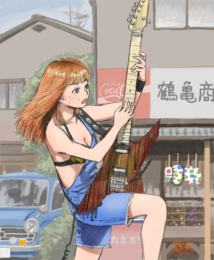 1girl 2021 banner black_bra blue_car bra coca-cola commentary_request czow denim denim_shorts electric_guitar food_stand guitar guitar_girl highres holding_guitar instrument long_hair looking_at_object music open_mouth orange_hair original outdoors playing_guitar playing_instrument retro_artstyle satellite_dish shorts sweat translation_request underwear