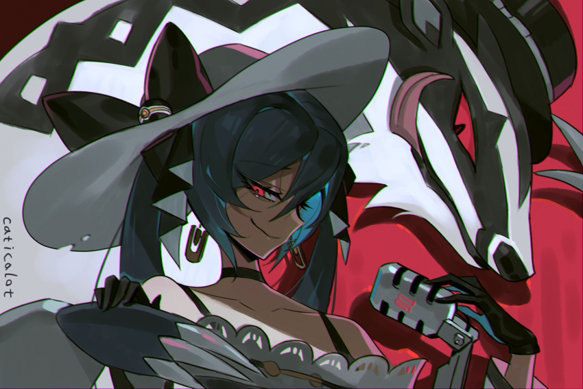 1girl artist_name black_bow black_choker black_gloves black_headwear blue_hair bow choker chromatic_aberration closed_mouth collarbone dark_blue_hair dark_miku_(project_voltage) earrings gloves hands_up hat hat_bow hatsune_miku highres jewelry luxury_ball microphone microphone_stand mooopl obstagoon poke_ball pokemon pokemon_(creature) project_voltage red_eyes smile solo sun_hat top_hat twintails vocaloid white_headwear