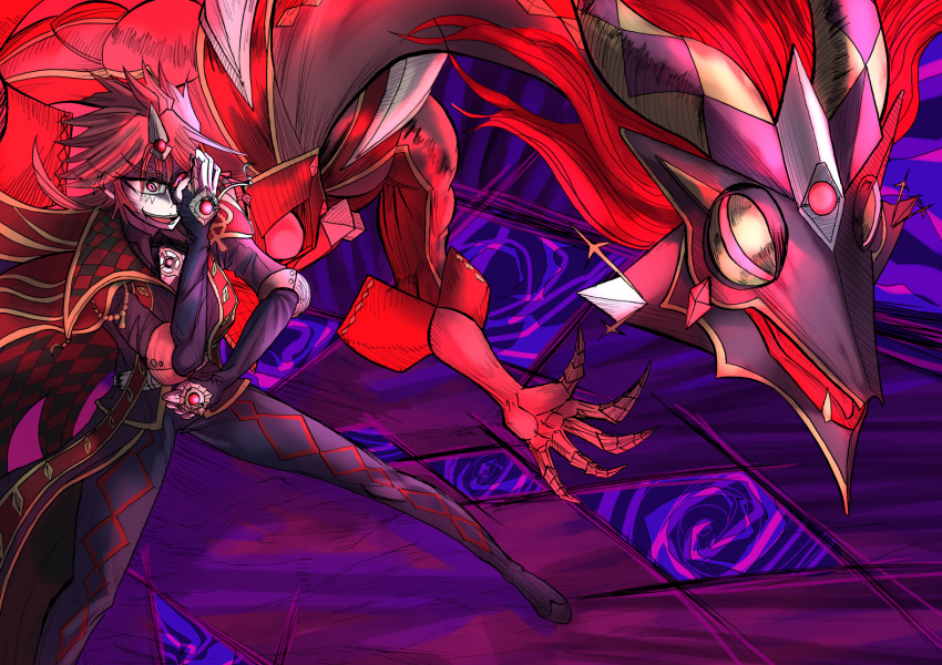 1boy aluber_(yu-gi-oh!) aluber_the_jester_of_despia cape chest_jewel claws demon_dragon duel_monster evil_grin evil_smile forehead_jewel grin hand_over_eye highres hinokttttt jester masquerade_the_blazing_dragon red_eyes slit_pupils smile spiral spread_legs yu-gi-oh!