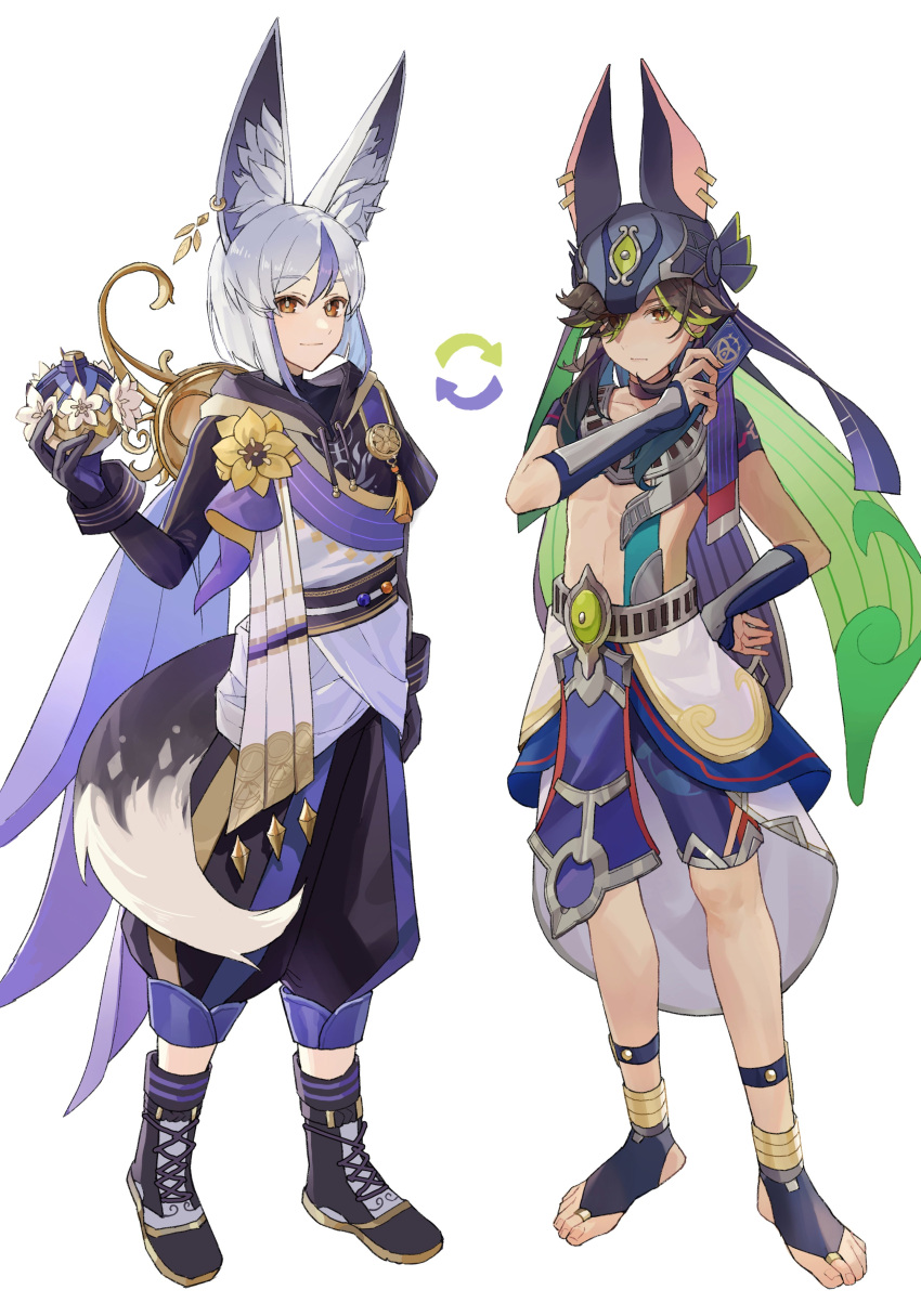 2boys absurdres alternate_eye_color alternate_hair_color alternate_skin_color animal_ear_fluff animal_ears asagihisui black_footwear black_gloves black_hair black_pants card closed_mouth crop_top cyno_(genshin_impact) feet fox_boy fox_ears fox_tail genshin_impact gloves green_eyes green_hair grey_hair hair_between_eyes hair_over_one_eye highres holding holding_card long_hair male_focus midriff multicolored_hair multiple_boys pants purple_shorts red_eyes short_hair shorts smile streaked_hair tail tighnari_(genshin_impact) toes white_background white_hair