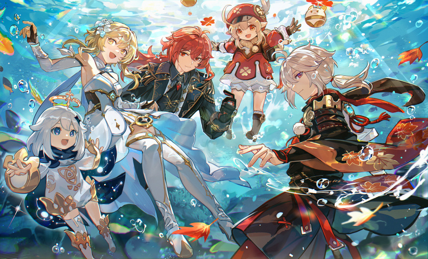 2boys 3girls ahoge armor black_coat blonde_hair bloomers boots breasts bubble closed_mouth coat diluc_(genshin_impact) dress fish flower genshin_impact gloves grey_hair hair_between_eyes hair_flower hair_ornament halo hat highres japanese_armor japanese_clothes kaedehara_kazuha klee_(genshin_impact) leaf leaf_print long_hair long_sleeves low_twintails lumine_(genshin_impact) mento multiple_boys multiple_girls paimon_(genshin_impact) partially_fingerless_gloves pointy_ears red_eyes red_headwear scarf short_hair_with_long_locks sparkle twintails underwater underwear white_bloomers white_dress white_flower white_hair