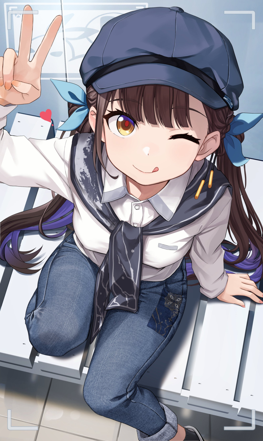 1girl ;) absurdres bench black_headwear black_sailor_collar blue_bow blue_pants bow brown_eyes brown_hair cabbie_hat casual closed_mouth collared_shirt denim fingernails from_above hair_bow hat heart highres honkai_(series) honkai_impact_3rd li_sushang licking_lips long_hair long_sleeves looking_at_viewer looking_up on_bench one_eye_closed pants park_bench sailor_collar shirt sitting smile solo tongue tongue_out unnyori v very_long_hair viewfinder wariza white_shirt