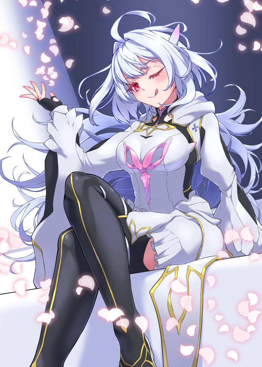 1girl ahoge black_gloves black_leggings black_pants breasts crossed_legs falling_petals fate_(series) fingerless_gloves gloves highres lady_avalon_(first_ascension)_(fate) leggings long_hair medium_breasts merlin_(fate/prototype) pants petals pink_eyes pink_nails sitting solo tongue tongue_out white_hair yata_masahara