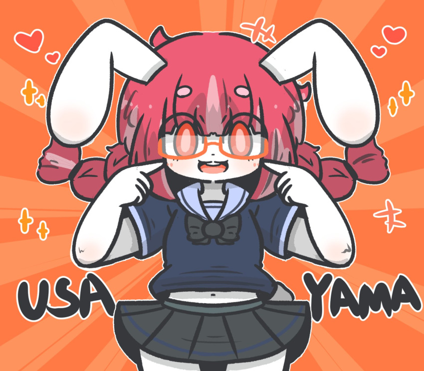 +++ 1girl :d animal_ears blue_shirt blush bow bowtie braid commentary_request fingers_to_cheeks glasses grey_bow grey_bowtie grey_skirt heart highres long_hair looking_at_viewer low_twintails midriff_peek multicolored_hair navel orange-tinted_eyewear orange_background original pink_hair pleated_skirt rabbit_ears red_eyes redhead romaji_commentary romaji_text semi-rimless_eyewear shirt short_eyebrows short_sleeves skirt smile solo sparkle standing streaked_hair teeth thick_eyebrows tinted_eyewear twin_braids twintails under-rim_eyewear uni_souchou upper_teeth_only