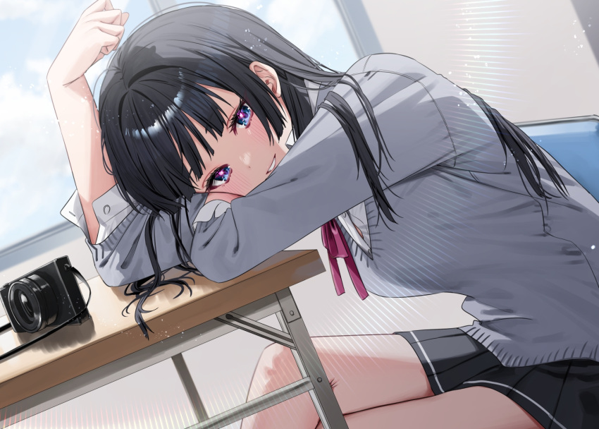 1girl black_hair black_skirt blue_eyes blurry blurry_background blush button_gap camera chigusa_minori collared_shirt commentary_request desk dress_shirt grey_sweater indoors leaning_on_table lens_flare light_particles long_hair looking_at_viewer multicolored_eyes neck_ribbon official_art original pleated_skirt red_ribbon ribbon school_uniform shirt sidelocks skirt smile solo sweater violet_eyes white_shirt