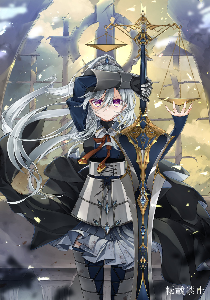 1girl armor balance_scale black_undershirt blue_dress blue_gemstone blue_thighhighs closed_mouth collared_dress corset cowboy_shot cuisses dress embers faulds fujishiro_kazuha furrowed_brow gauntlets gem greatsword grey_hair hair_between_eyes hair_ornament hand_up highres holding holding_sword holding_weapon juliet_sleeves justice_(tarot) long_sleeves looking_at_viewer multicolored_eyes neck_ribbon open_hand orange_ribbon original pillar pleated_dress ponytail puffy_sleeves ribbon ruins serious single_gauntlet sleeves_past_wrists solo standing straight-on sword thigh-highs turtleneck undershirt violet_eyes waist_cape weapon weighing_scale yellow_eyes