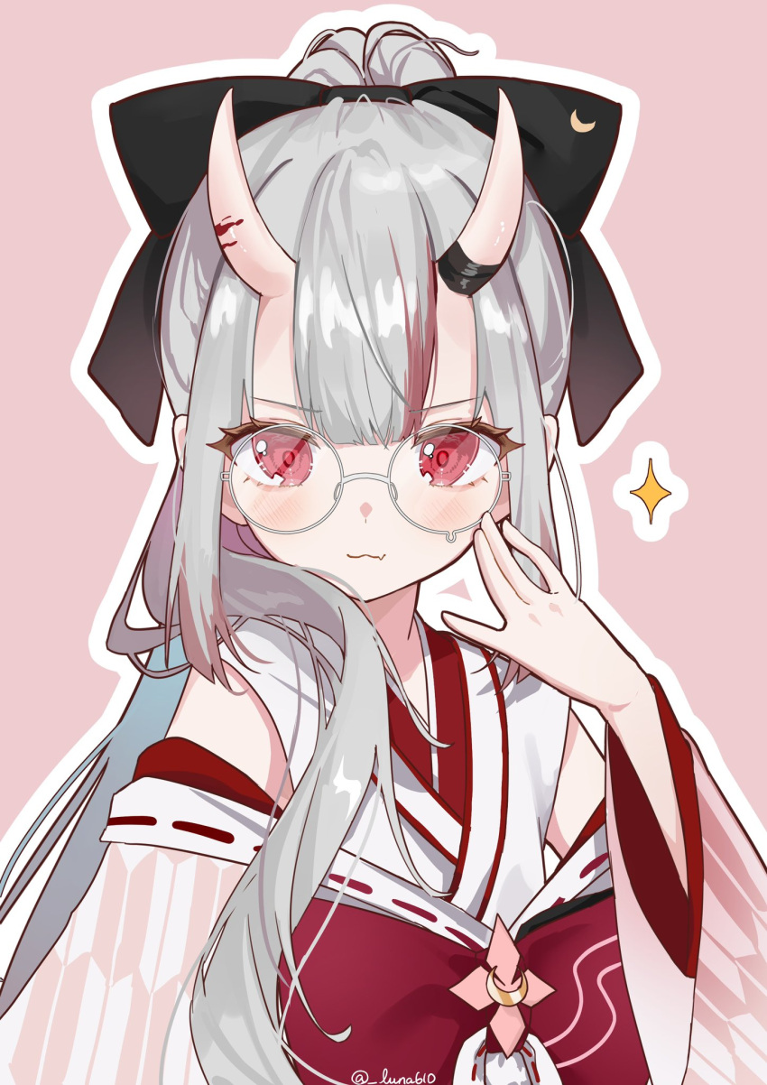 1girl :3 adjusting_eyewear bespectacled blush bow breasts closed_mouth commentary_request detached_sleeves glasses grey_hair hair_between_eyes hair_bow hair_ornament highres hololive horns long_hair looking_at_viewer luna_(luna610) nakiri_ayame oni_horns portrait red_eyes simple_background small_breasts solo virtual_youtuber white_background