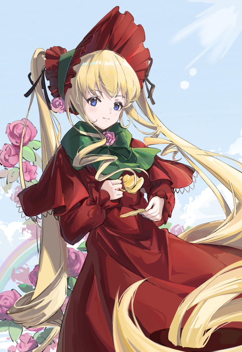 1girl blonde_hair blue_eyes blue_sky blush bonnet bow bowtie capelet chinese_commentary closed_mouth clouds commentary_request cowboy_shot cup dress drill_hair drill_sidelocks dutch_angle eggkiller flat_chest flower flower_brooch frilled_capelet frilled_sleeves frills green_bow green_bowtie highres holding holding_cup holding_saucer lolita_fashion long_dress long_hair long_sleeves looking_at_viewer medium_bangs pink_flower pink_rose rainbow red_capelet red_dress red_headwear rose rozen_maiden saucer shinku sidelocks sky smile solo sunlight teacup twintails very_long_hair