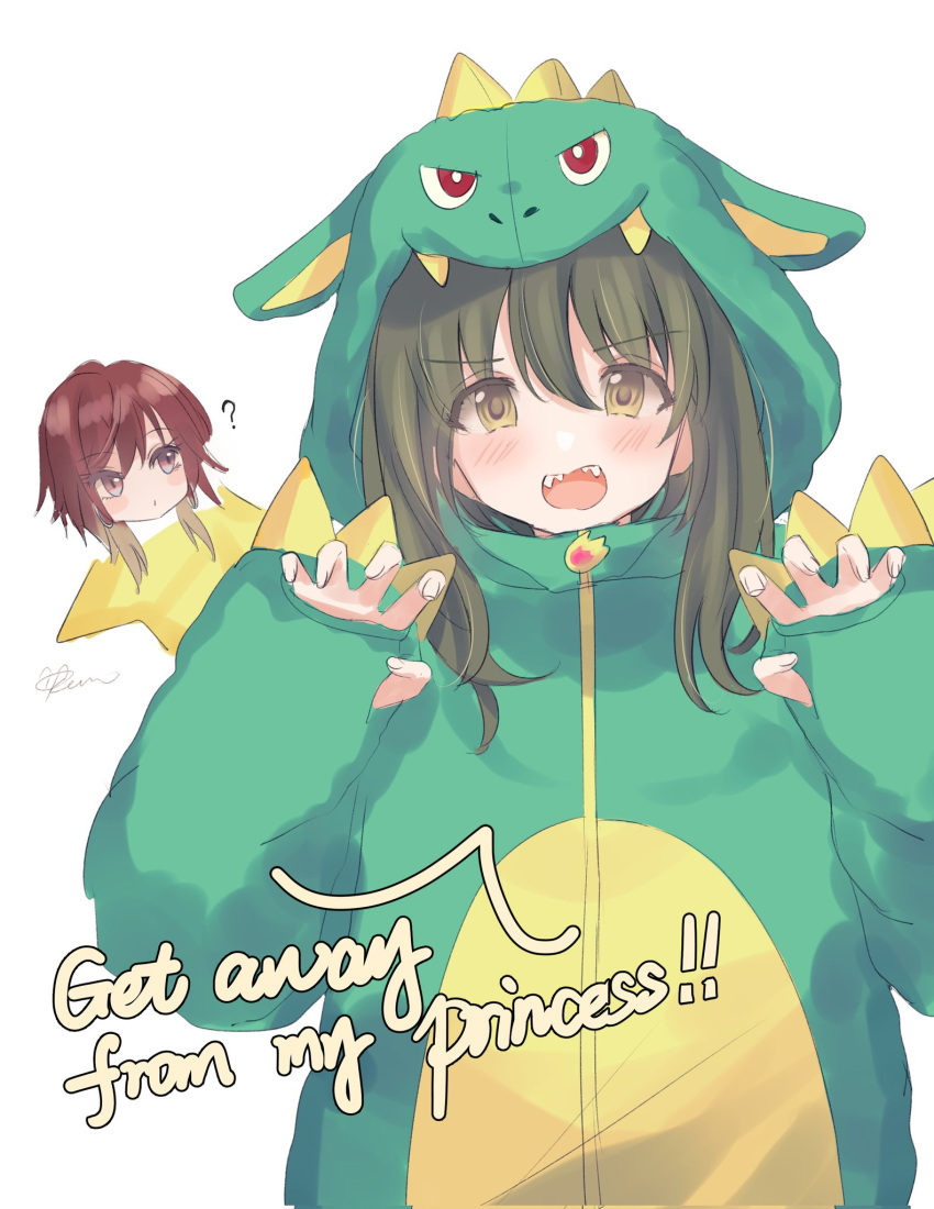 2girls ? aketa_mikoto blush dinosaur_costume english_text green_eyes green_hair highres hood hood_up idolmaster idolmaster_shiny_colors inset kevn looking_at_another looking_at_viewer multiple_girls nanakusa_nichika official_alternate_costume paw_pose simple_background upper_body white_background