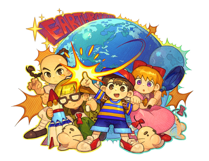 1girl 3boys 9twoeight baseball_cap black-framed_eyewear black_eyes black_hair blonde_hair blue_shorts blush bow braid chibi closed_mouth copyright_name doseisan dress earth_(planet) expressionless frying_pan glasses hair_bow hat highres holding holding_frying_pan jeff_andonuts long_hair moon mother_(game) mother_2 multiple_boys ness_(mother_2) open_mouth paula_(mother_2) pink_dress planet poo_(mother_2) red_bow red_footwear shirt shoes short_hair short_sleeves shorts single_braid smile sneakers socks striped striped_shirt violet_eyes white_socks