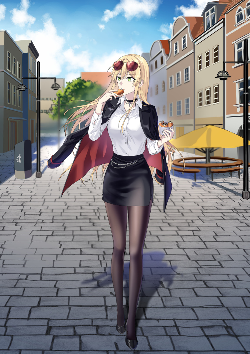 absurdres blonde_hair commission european_architecture eyewear_on_head food girls_frontline green_eyes highres ice_cream jacket jacket_on_shoulders jewelry necklace pastry pixiv_commission shirt skirt stg44_(detective's_sidekick)_(girls'_frontline) stg44_(girls'_frontline) sunglasses suprii white_shirt