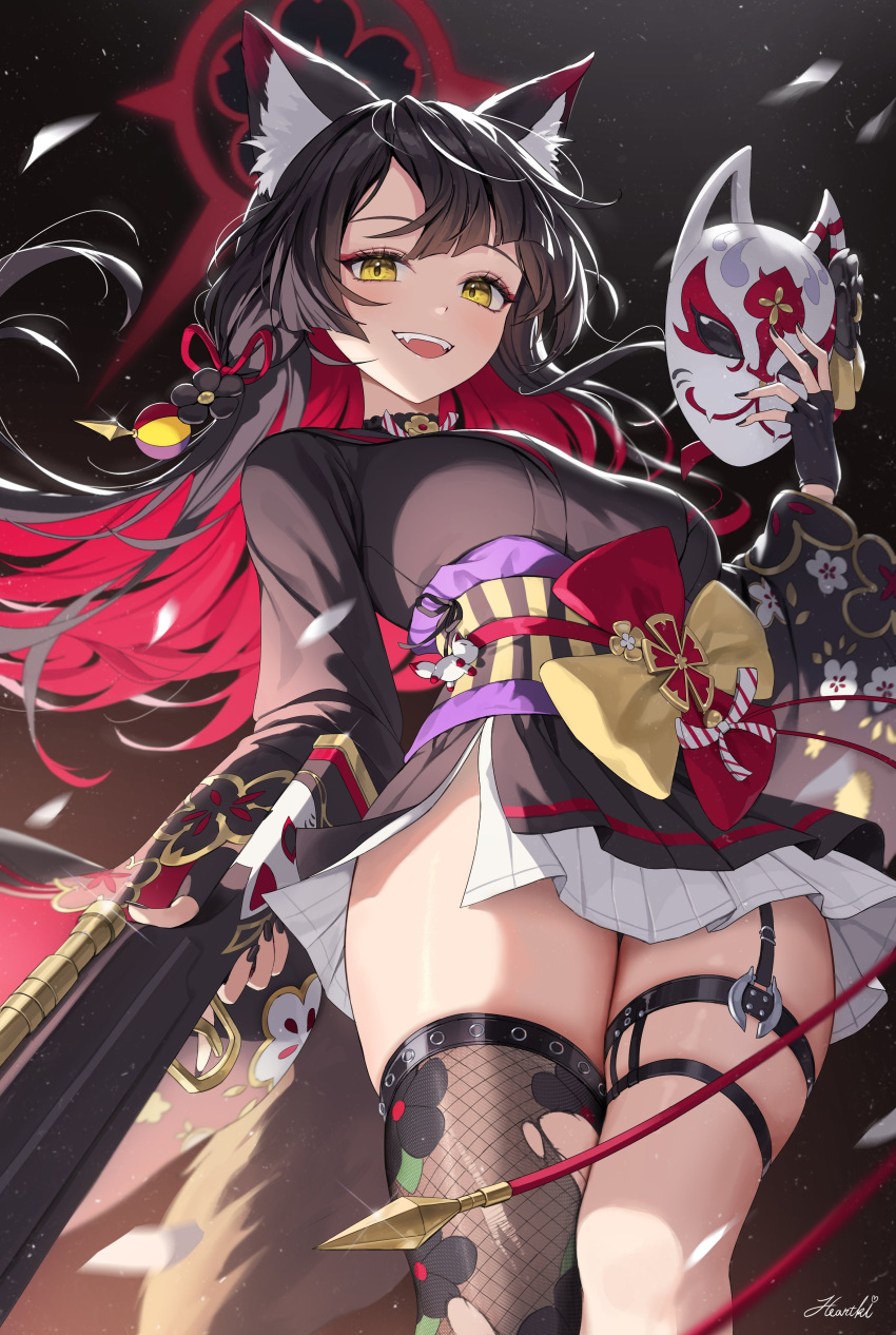 1girl absurdres animal_ear_fluff animal_ears black_kimono black_nails blue_archive fingerless_gloves fox_ears fox_girl fox_mask gloves heartki highres holding holding_map japanese_clothes kimono looking_at_viewer map mask solo thigh_strap thighs wakamo_(blue_archive) yellow_eyes