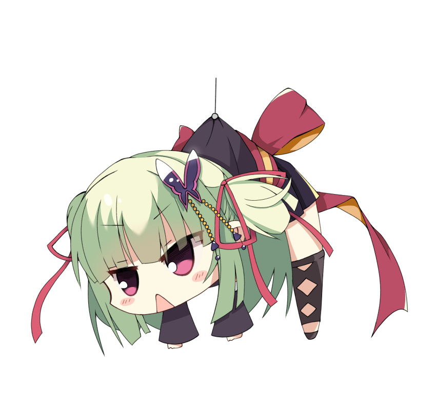 1girl :&lt; absurdres back_bow black_kimono blunt_bangs blunt_ends blush_stickers bow butterfly_hair_ornament chibi commentary_request cross-laced_footwear hair_bow hair_ornament hair_ribbon hanging highres japanese_clothes kaon_zz kimono long_hair long_sleeves looking_at_viewer murasame_(senren) open_mouth red_eyes red_ribbon ribbon senren_banka short_kimono sidelocks solo transparent_background two_side_up v-shaped_eyebrows wide_sleeves