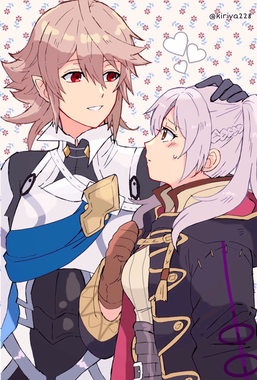 1boy 1girl armor black_gloves black_robe blush brown_eyes brown_gloves commentary_request corrin_(fire_emblem) corrin_(male)_(fire_emblem) fire_emblem fire_emblem_awakening fire_emblem_fates gloves grey_hair grin headpat heart height_difference highres hood hood_down hooded_robe kiriya_(552260) long_hair long_sleeves looking_at_another profile red_eyes robe robin_(female)_(fire_emblem) robin_(fire_emblem) short_hair smile twintails twitter_username white_hair