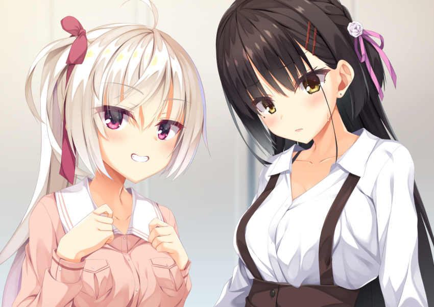 2girls ahoge aria. arms_at_sides blurry blurry_background blush braid breasts brown_skirt cafe_stella_to_shinigami_no_chou closed_mouth collarbone commentary_request crossed_bangs dress_shirt earrings eyelashes eyes_visible_through_hair flower frown grin hair_between_eyes hair_flower hair_ornament hair_ribbon hairclip hands_up high-waist_skirt jacket jewelry lips long_sleeves looking_at_viewer medium_breasts mole mole_under_eye multiple_girls pink_jacket pink_ribbon ribbon rose shiki_natsume shirt side_braid side_ponytail simple_background skirt smile stud_earrings suspender_skirt suspenders sweatdrop upper_body violet_eyes white_flower white_hair white_rose white_shirt wing_collar yellow_eyes