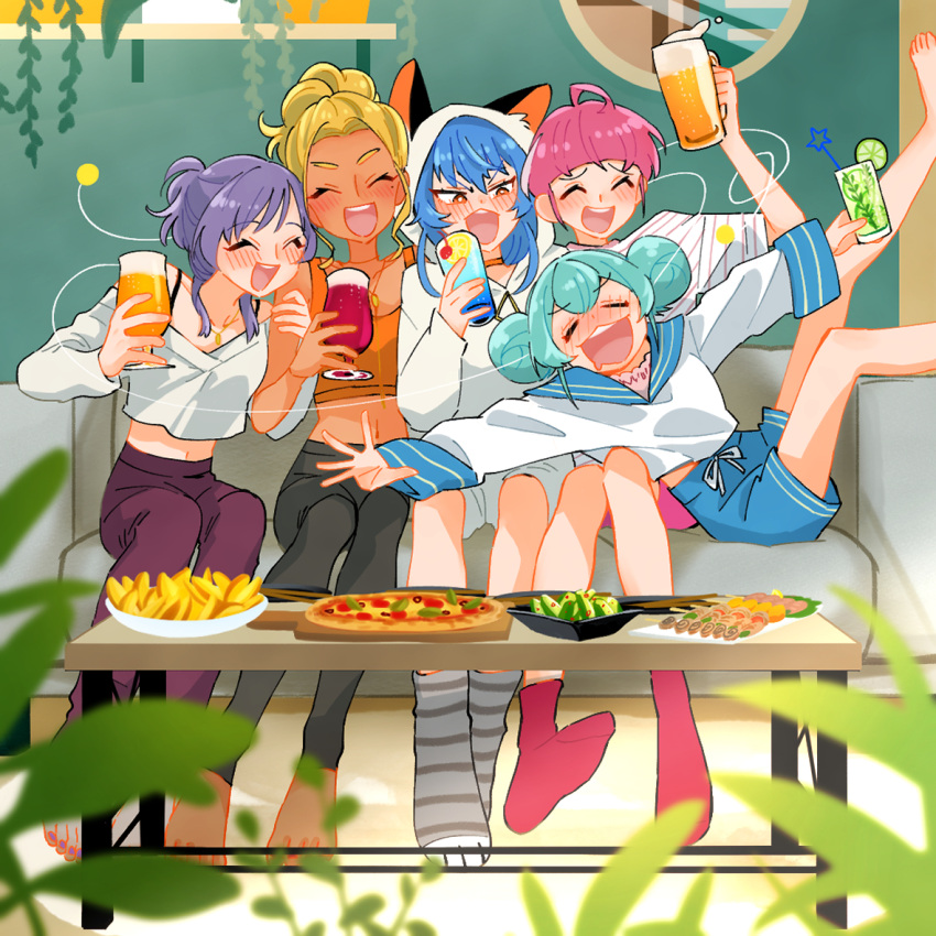 5girls :d aged_up ahoge alcohol amamiya_elena animal_ears aqua_hair barefoot beer beer_mug black_leggings blonde_hair blue_hair blue_sailor_collar blue_shorts blurry blurry_foreground blush cat_ears couch cup dark-skinned_female dark_skin depth_of_field double_bun drawstring drunk folded_ponytail food grey_socks hagoromo_lala hair_bun holding holding_cup hood hood_up hoodie hoshina_hikaru indoors kaguya_madoka leaning_back leaning_on_person leg_up leggings long_sleeves midriff monster_rally mug multiple_girls navel off-shoulder_shirt off_shoulder on_couch open_mouth outstretched_arms pink_hair pizza precure purple_hair purple_leggings red_eyes red_socks sailor_collar sailor_shirt saliva shirt short_hair short_ponytail shorts sitting smile socks spread_arms star_twinkle_precure white_hoodie white_shirt yuni_(precure)
