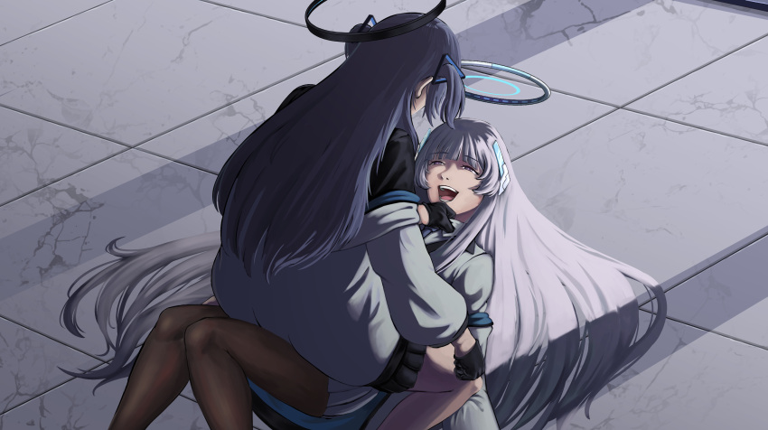 2girls blue_archive clenched_hand collared_shirt crack cracked_floor eniac_(artist) girl_on_top girls_frontline gloves hair_ornament halo headgear highres jacket jacket_partially_removed long_hair long_sleeves lying mechanical_halo multiple_girls noa_(blue_archive) off_shoulder on_back on_floor open_clothes open_jacket open_mouth pantyhose pleated_skirt purple_hair scene_reference shirt sidelocks skirt smile suit teeth tile_floor tiles tongue two-sided_fabric two-sided_jacket two_side_up very_long_hair violet_eyes white_hair white_jacket white_skirt white_suit yuuka_(blue_archive)