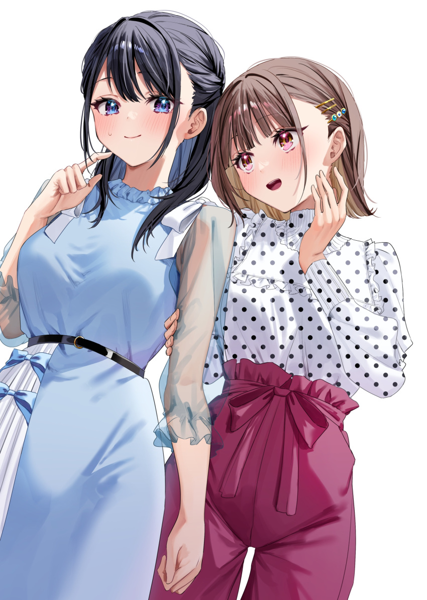 2girls absurdres belt black_belt black_hair blue_dress blue_eyes blush breasts brown_hair chigusa_minori closed_mouth cover cover_image cowboy_shot dress frilled_shirt frills hair_ornament hair_twirling hairclip half_updo hand_up highres holding_another's_arm large_breasts long_sleeves looking_at_another looking_at_viewer medium_hair multicolored_eyes multiple_girls novel_illustration official_art open_mouth pants pink_eyes polka_dot polka_dot_shirt purple_pants see-through see-through_sleeves senguu_suzune shirt short_hair shoutsuki_karin sidelocks simple_background small_breasts smile sweatdrop teeth textless_version turtleneck upper_body upper_teeth_only violet_eyes watashi_no_yuri_mo_eigyoda_to_omotta? white_background white_shirt yellow_eyes yuri