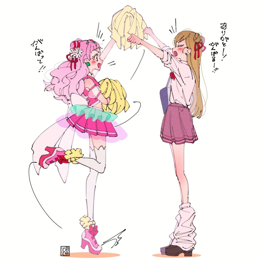 2girls :d artist_logo bag blush brown_hair closed_eyes clover_earrings commentary_request cone_hair_bun cure_yell earrings eyelashes four-leaf_clover_earrings hair_bun hair_ornament hair_ribbon happy high_heels highres holding holding_pom_poms hugtto!_precure jewelry leg_warmers long_hair looking_at_another magical_girl midriff multiple_girls nono_hana open_mouth pink_eyes pink_hair pink_shirt pink_skirt pom_pom_(cheerleading) pom_pom_(clothes) precure ribbon school_bag school_uniform shirt shoes simple_background skirt smile standing tete_a thigh-highs thighs translation_request white_background white_shirt white_thighhighs