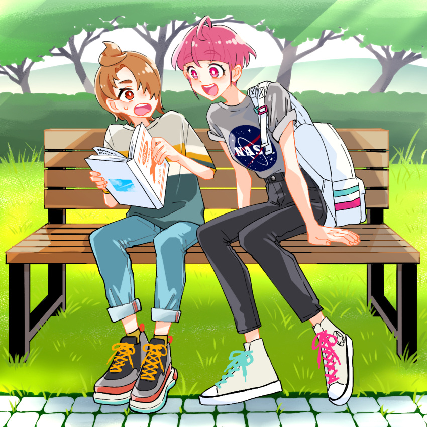 1boy 1girl aged_up ahoge backpack bag bench black_pants blue_pants blue_shirt blunt_bangs book bright_pupils capri_pants commentary day denim duplicate frown grass grey_footwear grey_shirt hair_over_one_eye hirogaru_sky!_precure holding holding_book hoshina_hikaru in-franchise_crossover jeans leaning_to_the_side monster_rally nasa_logo official_alternate_hair_length official_alternate_hairstyle on_bench open_mouth orange_hair outdoors pants park_bench pink_eyes pink_hair precure red_eyes series_connection shirt shoelaces shoes short_hair short_sleeves sitting smile sneakers star_twinkle_precure sunlight sweatdrop t-shirt tree white_footwear white_pupils yuunagi_tsubasa