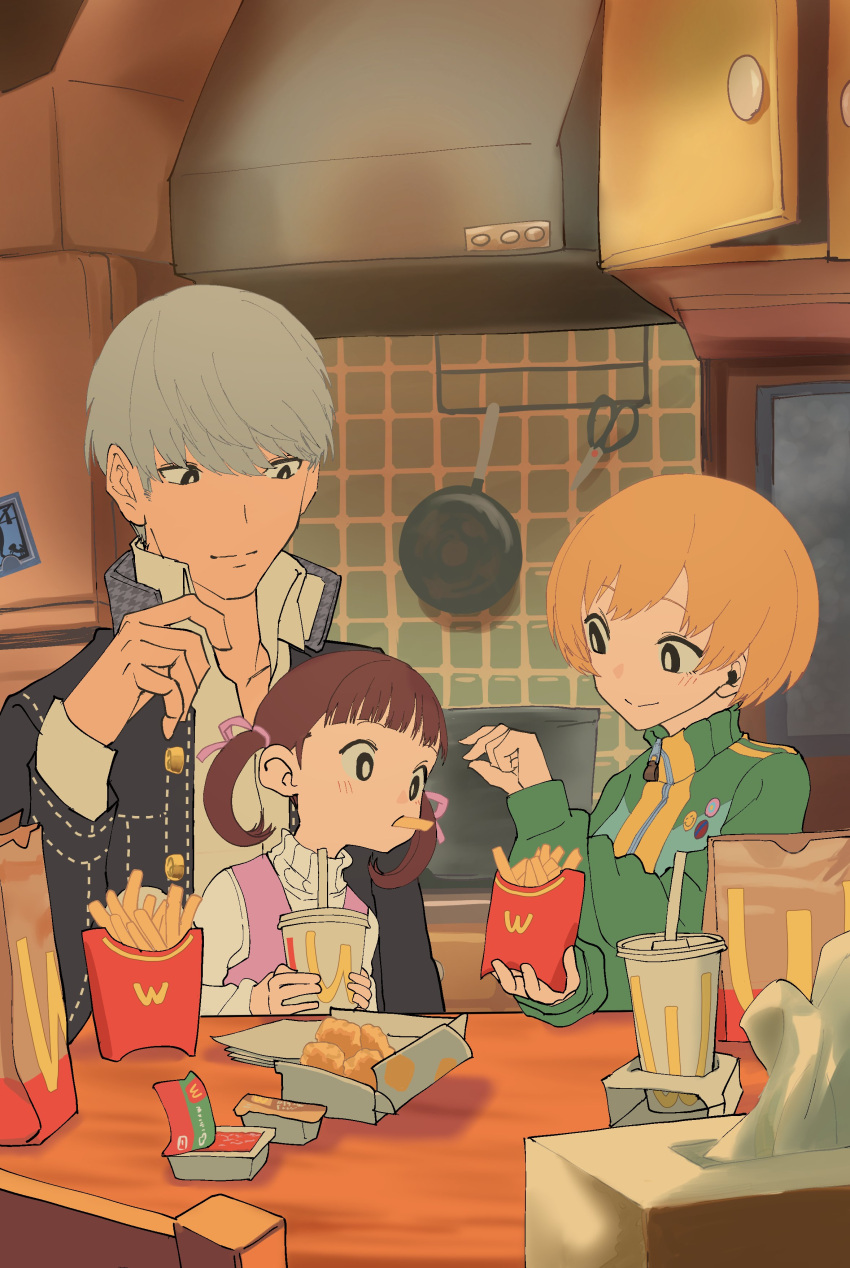1boy 2girls absurdres black_eyes black_jacket blush brown_hair child closed_mouth commentary_request cup disposable_cup doujima_nanako dress food french_fries green_jacket grey_hair highres holding holding_cup indoors jacket kurosususu long_sleeves mcdonald's mouth_hold multiple_girls narukami_yuu open_clothes open_jacket orange_hair parody persona persona_4 pink_dress satonaka_chie shirt short_hair sitting sitting_on_person sleeves_past_wrists smile sweater table track_jacket turtleneck turtleneck_sweater twintails white_shirt white_sweater yoru_mac