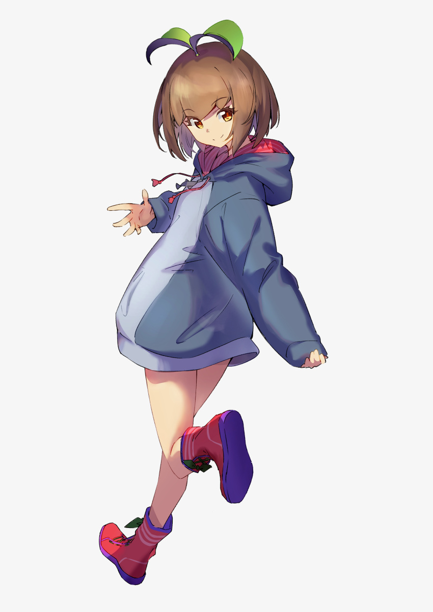 1girl absurdres bare_legs boots brown_hair closed_mouth derivative_work eva_mashiro_(vtuber) full_body grey_hoodie hand_up highres hood hoodie indie_virtual_youtuber kotoritakanasi long_sleeves looking_at_viewer looking_back recolored red_footwear short_hair simple_background smile solo split_mouth sprout_on_head virtual_youtuber white_background