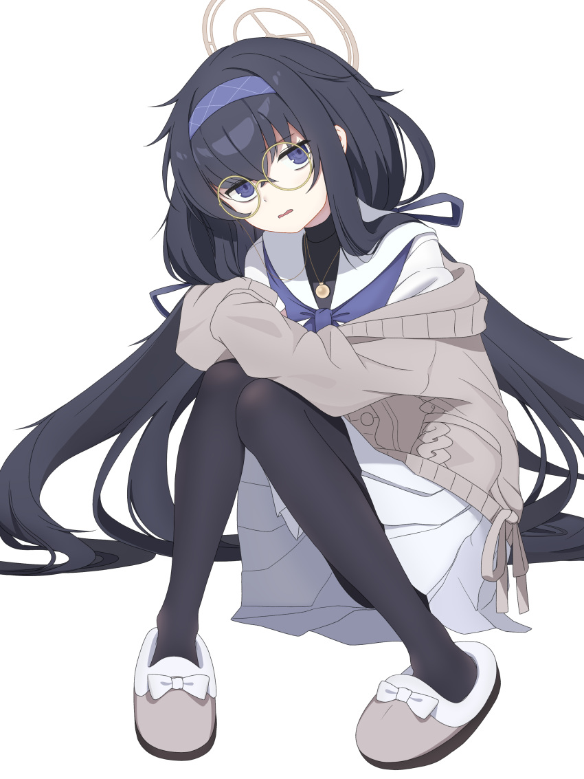 1girl absurdres black_hair black_pantyhose blue_archive bow cardigan chinese_commentary commentary_request crossed_bangs footwear_bow full_body glasses grey_cardigan grey_footwear grey_halo hair_between_eyes hair_ribbon hairband halo head_tilt highres jewelry knees_together_feet_apart knees_up kotori_(ba) long_hair long_sleeves looking_at_viewer low_twintails mixed-language_commentary neckerchief necklace off_shoulder on_floor open_mouth pantyhose partial_commentary pleated_skirt purple_hairband purple_neckerchief purple_ribbon ribbon round_eyewear sailor_collar school_uniform shirt sidelocks simple_background sitting skirt sleeves_past_wrists slippers solo turtleneck twintails ui_(blue_archive) very_long_hair violet_eyes wavy_mouth white_background white_bow white_sailor_collar white_shirt white_skirt yellow-framed_eyewear