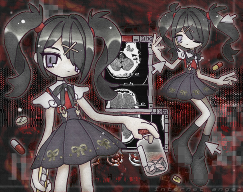 1girl ame-chan_(needy_girl_overdose) black_hair black_ribbon black_skirt black_socks collared_shirt commentary_request cursor full_body ha4to hair_ornament hair_over_one_eye hair_tie hairclip hand_up holding long_hair looking_at_viewer multiple_views neck_ribbon needy_girl_overdose pill pill_bottle red_background red_shirt ribbon shirt shirt_tucked_in skirt socks standing suspender_skirt suspenders twintails violet_eyes window_(computing) x_hair_ornament