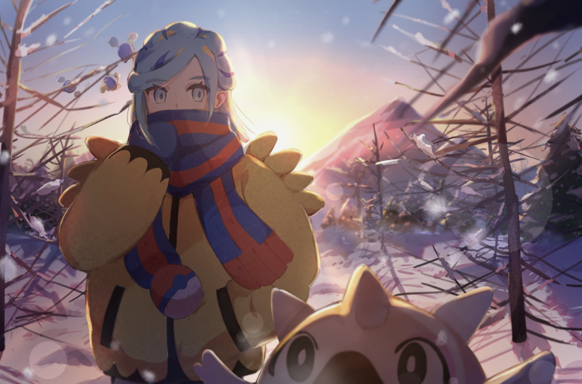 1boy anzu_(v0_0v_o0) bare_tree blue_eyes blue_hair blue_mittens blue_scarf cetoddle commentary_request day eyelashes grusha_(pokemon) hand_in_pocket hand_up highres jacket lens_flare male_focus outdoors poke_ball_print pokemon pokemon_(game) pokemon_sv scarf sky snow striped striped_scarf sun tree yellow_jacket