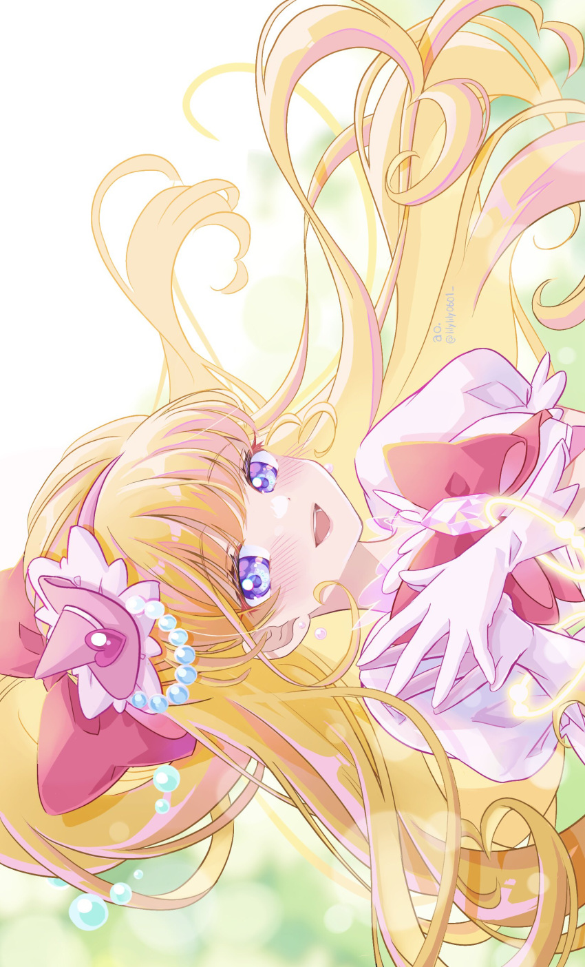 1girl absurdres artist_name asahina_mirai blonde_hair bow brooch commentary cure_miracle diamond_(gemstone) gloves hair_bow hairband hat highres jewelry lens_flare lilylily0601 long_hair looking_at_viewer magical_girl mahou_girls_precure! mini_hat one_side_up open_mouth pink_hairband pink_headwear precure puffy_short_sleeves puffy_sleeves red_bow short_sleeves smile solo tilted_headwear twitter_username very_long_hair violet_eyes white_gloves wind witch_hat