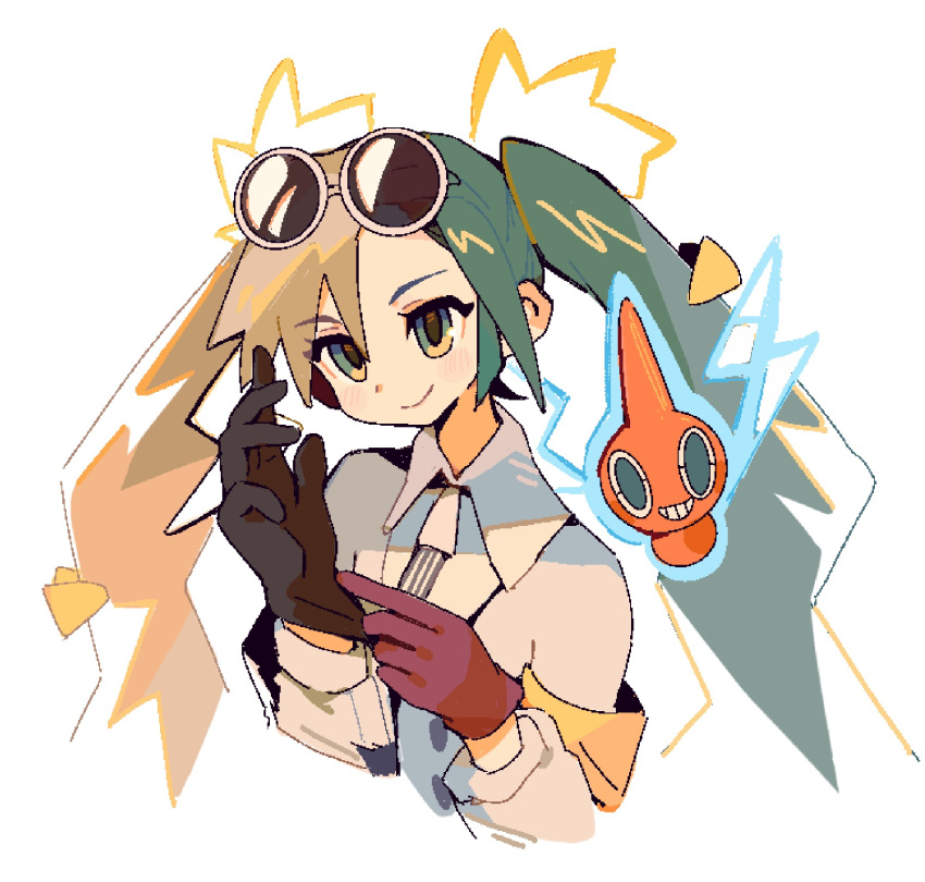 1girl adjusting_clothes adjusting_gloves black_gloves blonde_hair blue_hair blush collared_shirt cropped_torso electric_miku_(project_voltage) eyewear_on_head gloves hair_between_eyes hatsune_miku highres light_brown_hair long_hair multicolored_hair pokemon pokemon_(creature) project_voltage red_gloves rotom rotom_(normal) shirt simple_background smile sunglasses suuroku twintails upper_body very_long_hair vocaloid white_background white_shirt