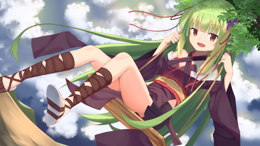 1girl :d absurdres bare_shoulders black_kimono black_skirt blunt_bangs blunt_ends breasts butterfly_hair_ornament clouds cloudy_sky commentary_request criss-cross_halter cross-laced_footwear day detached_sleeves eyelashes feet_out_of_frame green_hair hair_ornament hair_ribbon halterneck hands_up highres hime_cut japanese_clothes kimono leaf lingnerpoi long_hair long_ribbon long_sleeves looking_at_viewer miniskirt murasame_(senren) open_mouth outdoors pleated_skirt red_eyes red_ribbon ribbon sandals senren_banka sitting skirt sky small_breasts smile solo straight_hair swing teeth two_side_up upper_teeth_only very_long_hair wide_sleeves