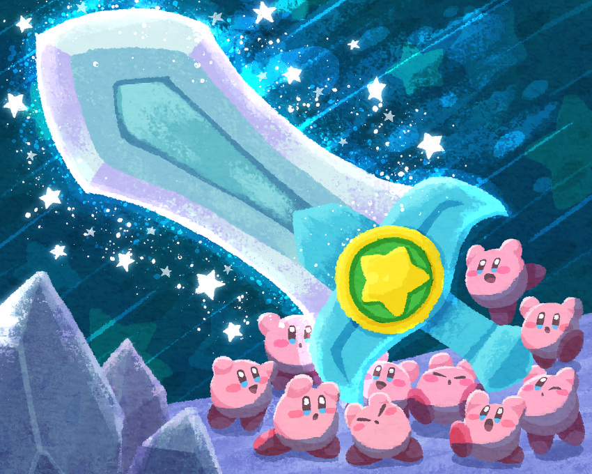 colored_skin commentary_request huge_weapon kirby kirby's_return_to_dream_land kirby_(series) kirby_mass_attack miclot multiple_persona no_humans one_eye_closed open_mouth pink_skin smile stalagmite star_(symbol) sword teamwork ultra_sword weapon