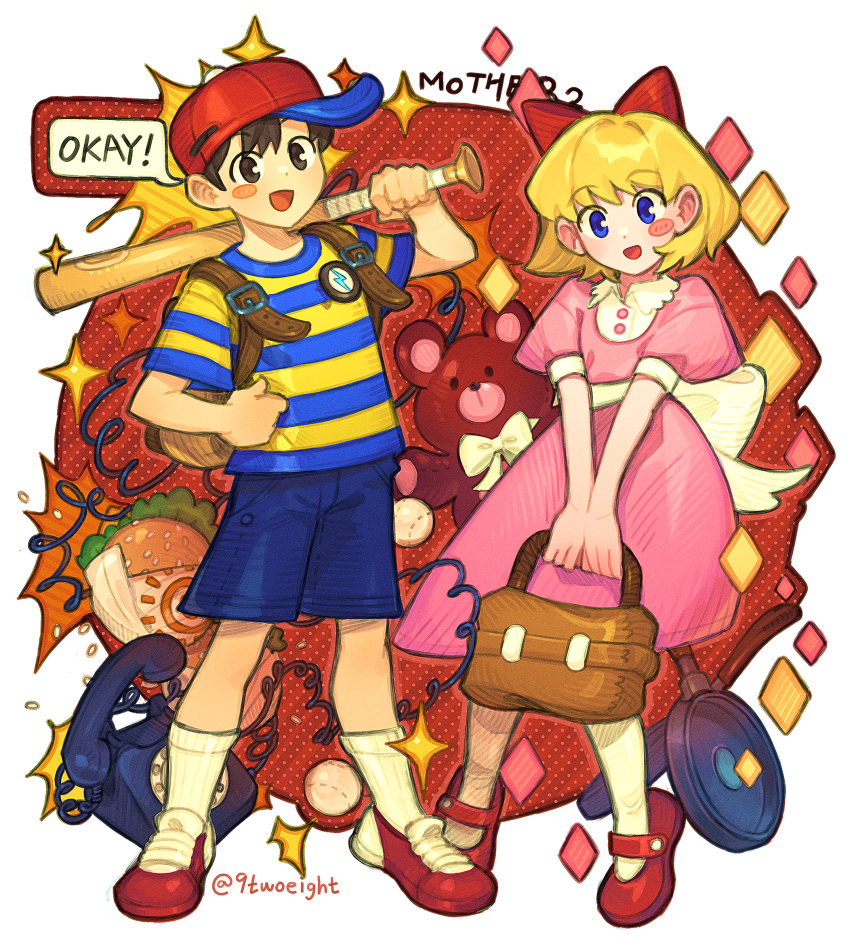 1boy 1girl 9twoeight antique_phone backpack bag baseball_bat baseball_cap black_eyes black_hair blonde_hair blue_shorts blush bow burger dress food franklin_badge hair_bow handbag hat highres holding holding_baseball_bat looking_at_viewer mother_(game) mother_2 ness_(mother_2) open_mouth paula_(mother_2) phone pink_dress red_bow red_footwear rotary_phone shirt shoes short_hair short_sleeves shorts smile sneakers socks speech_bubble striped striped_shirt white_socks