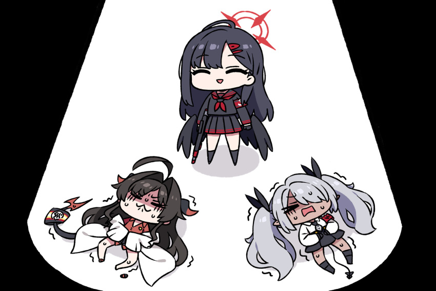 3girls ahoge black_choker black_hair black_horns black_sailor_collar black_serafuku black_shorts black_socks black_tail black_wings blue_archive chan_co choker closed_eyes closed_mouth coat collared_shirt demon_horns false_smile feathered_wings grey_hair gun hair_intakes hair_ornament hair_over_one_eye hairclip halo holding holding_gun holding_weapon horns ichika_(blue_archive) iori_(blue_archive) kasumi_(blue_archive) lab_coat long_hair long_sleeves low_wings multiple_girls neckerchief open_mouth pointy_ears red_halo red_neckerchief red_shirt sailor_collar school_uniform serafuku shaded_face shirt shirt_tucked_in shorts sleeves_past_fingers sleeves_past_wrists smile socks twintails weapon white_coat white_shirt wings
