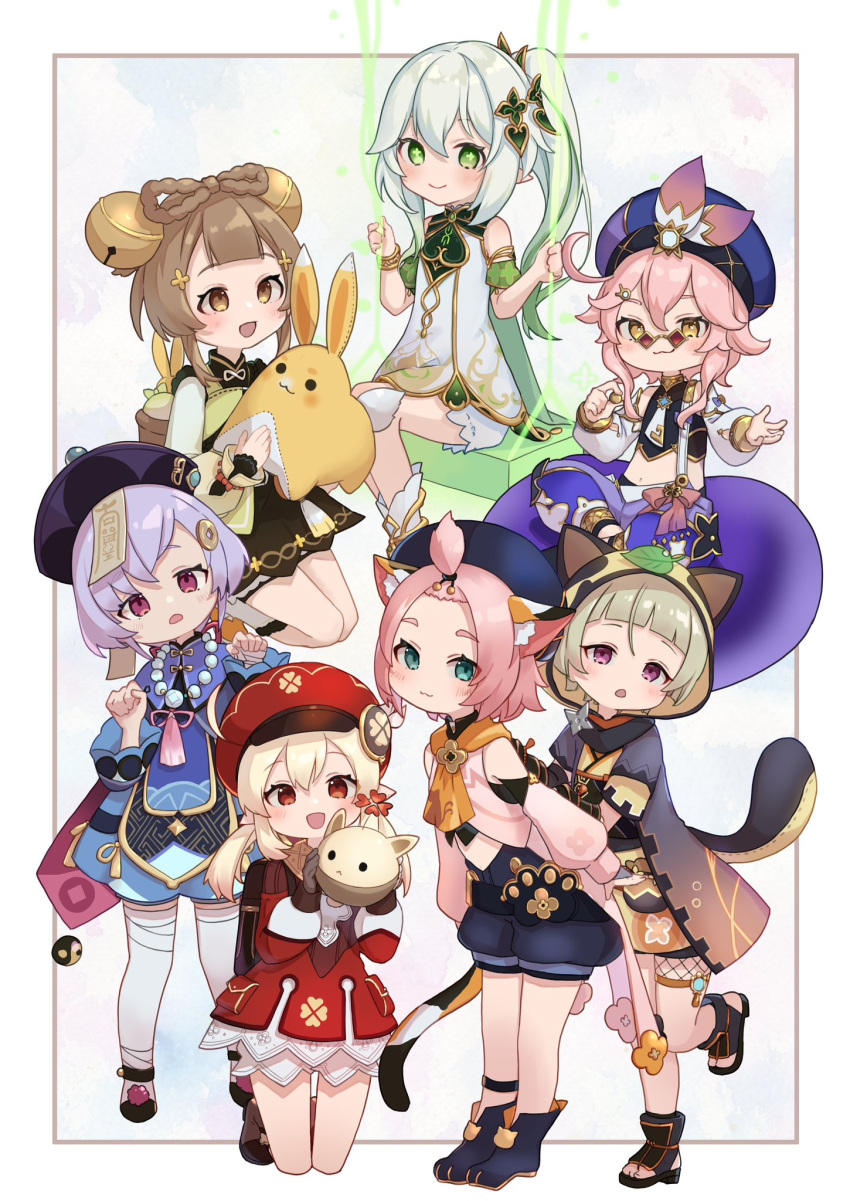 6+girls animal_ear_fluff animal_ears aqua_eyes bangs_pinned_back bead_necklace beads bell blonde_hair bow-shaped_hair brown_eyes brown_hair cabbie_hat cat_ears cat_girl cat_tail coin_hair_ornament crop_top detached_sleeves diona_(genshin_impact) dodoco_(genshin_impact) dori_(genshin_impact) dress genshin_impact gloves gradient_hair green_eyes green_hair hair_bell hair_between_eyes hair_ornament hat highres japanese_clothes jewelry jiangshi klee_(genshin_impact) leaf leaf_on_head long_hair long_sleeves looking_at_viewer low_twintails midriff multicolored_hair multicolored_tail multiple_girls nahida_(genshin_impact) necklace open_mouth pants pink_hair pointy_ears purple_hair purple_headwear qing_guanmao qiqi_(genshin_impact) raccoon_ears red_headwear sayu_(genshin_impact) short_hair side_ponytail smile sunglasses swing symbol-shaped_pupils tail thigh-highs tinted_eyewear twintails violet_eyes white_dress white_hair yaoyao_(genshin_impact) yellow_eyes yu_ri_0320 yuegui_(genshin_impact)
