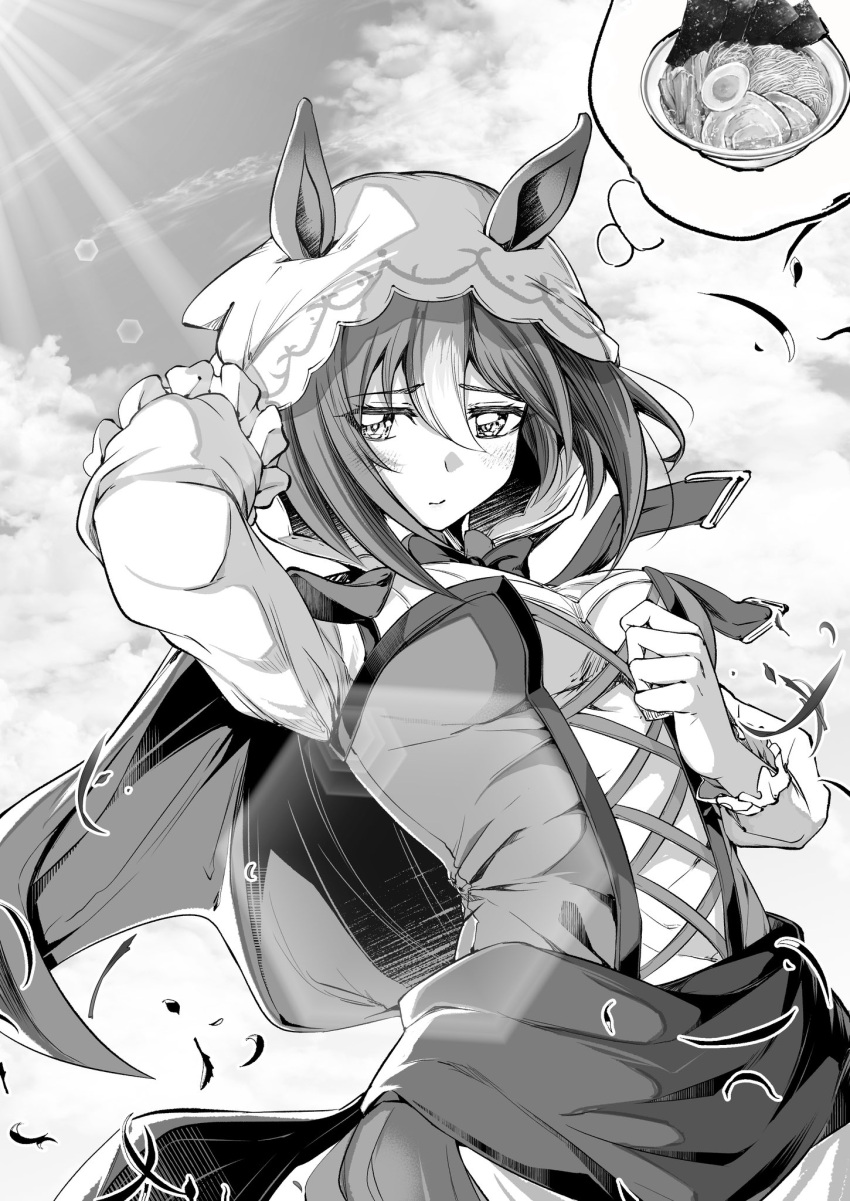 1girl animal_ears arm_up blush breasts closed_mouth fine_motion_(hello_my_clover)_(umamusume) fine_motion_(umamusume) food hair_between_eyes hair_ornament hat hero_(10cl3) highres horse_ears horse_tail looking_at_viewer medium_breasts monochrome noodles official_alternate_costume ramen sky solo tail thinking umamusume