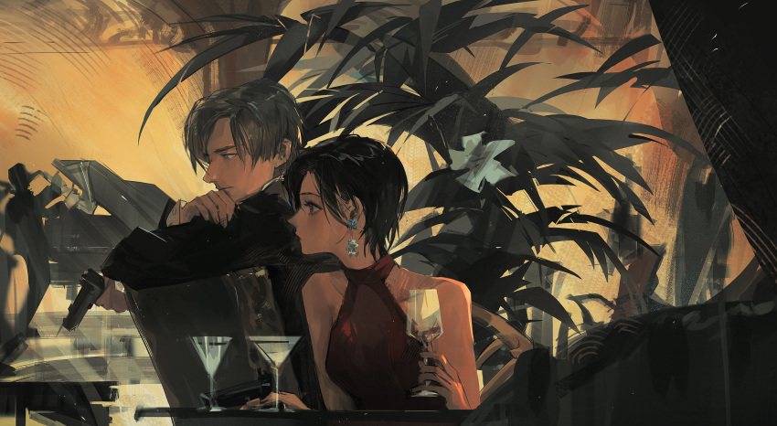 1boy 1girl ada_wong black_eyes black_hair black_jacket brown_hair chair closed_mouth cup dress drinking_glass earrings grey_eyes hand_up highres holding holding_cup indoors instrument jacket jewelry leon_s._kennedy liyuliyuzhou long_sleeves piano plant profile red_dress resident_evil resident_evil_2 resident_evil_2_(remake) sleeveless sleeveless_dress table upper_body wine_glass