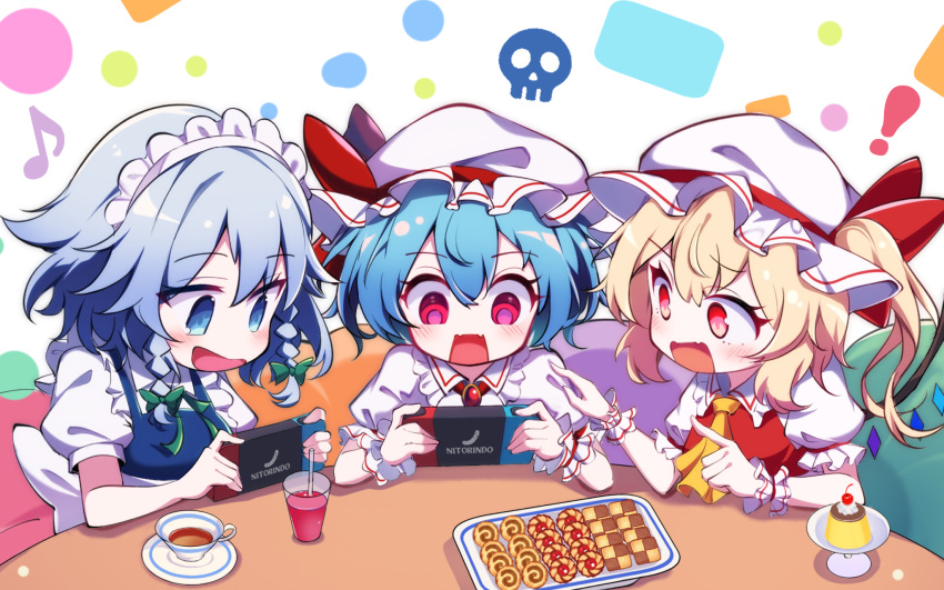 ! 3girls ascot black_tea blonde_hair blue_eyes blue_hair blue_vest blush braid checkerboard_cookie collared_shirt cookie crystal cup drink drinking_glass eighth_note flandre_scarlet food frilled_shirt_collar frills grey_hair handheld_game_console hat hat_ribbon highres holding holding_handheld_game_console izayoi_sakuya long_hair maid maid_headdress mob_cap multiple_girls musical_note nintendo_switch one_side_up open_mouth pudding puffy_short_sleeves puffy_sleeves red_eyes red_ribbon red_vest remilia_scarlet ribbon shirt short_hair short_sleeves siblings sisters skull tea touhou twin_braids vest white_headwear white_shirt wings wrist_cuffs yamanakaume yellow_ascot
