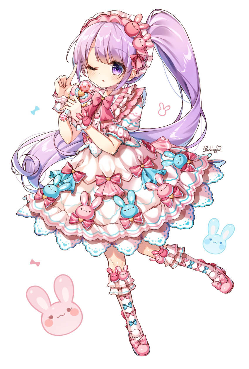 1girl absurdres blunt_bangs blush bow collared_dress dress frilled_dress frilled_hairband frilled_socks frills full_body hair_ornament hairband hands_up highres holding holding_microphone index_finger_raised light_purple_hair lolita_fashion lolita_hairband long_hair looking_at_viewer manaka_non mary_janes microphone one_eye_closed open_mouth pink_bow pink_dress pink_footwear pink_hairband pretty_(series) pripara pudding_(skymint_028) puffy_short_sleeves puffy_sleeves rabbit_hair_ornament shoes short_sleeves side_ponytail signature socks solo sweet_lolita very_long_hair violet_eyes white_background white_socks wrist_cuffs