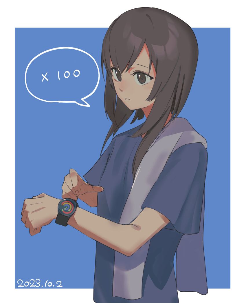 1girl absurdres alternate_costume blue_shirt brown_eyes brown_hair closed_mouth dated hato_kan highres kantai_collection medium_hair shirt short_sleeves simple_background solo taihou_(kancolle) towel two-tone_background upper_body watch watch