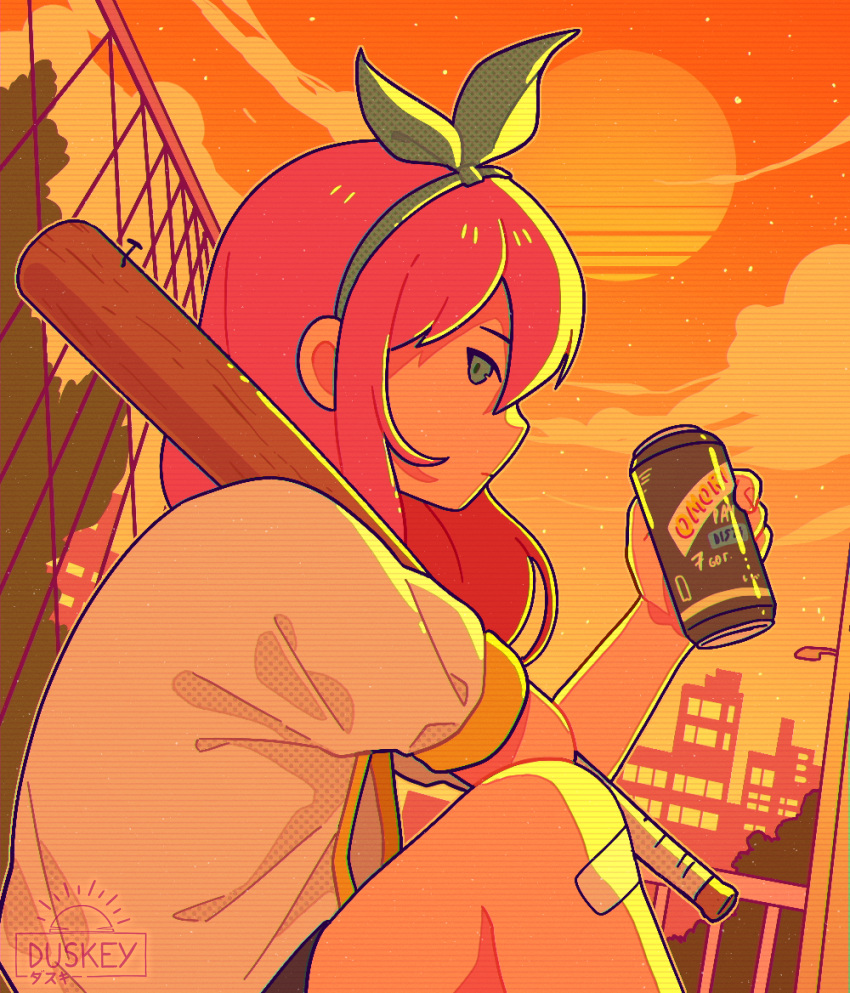 1girl aqua_hairband artist_name aubrey_(faraway)_(omori) aubrey_(omori) bandaid bandaid_on_knee bandaid_on_leg baseball_bat bow_hairband building chain-link_fence city duskey_(sunsetfoam) evening fence from_side hairband highres jacket juvenile leaning_on_object long_hair looking_at_viewer looking_to_the_side omori open_clothes open_jacket orange_sky orange_theme outdoors pink_hair sailor_collar scanlines signature sitting sky solo sun sunset teenage tomboy white_jacket yellow_sailor_collar young